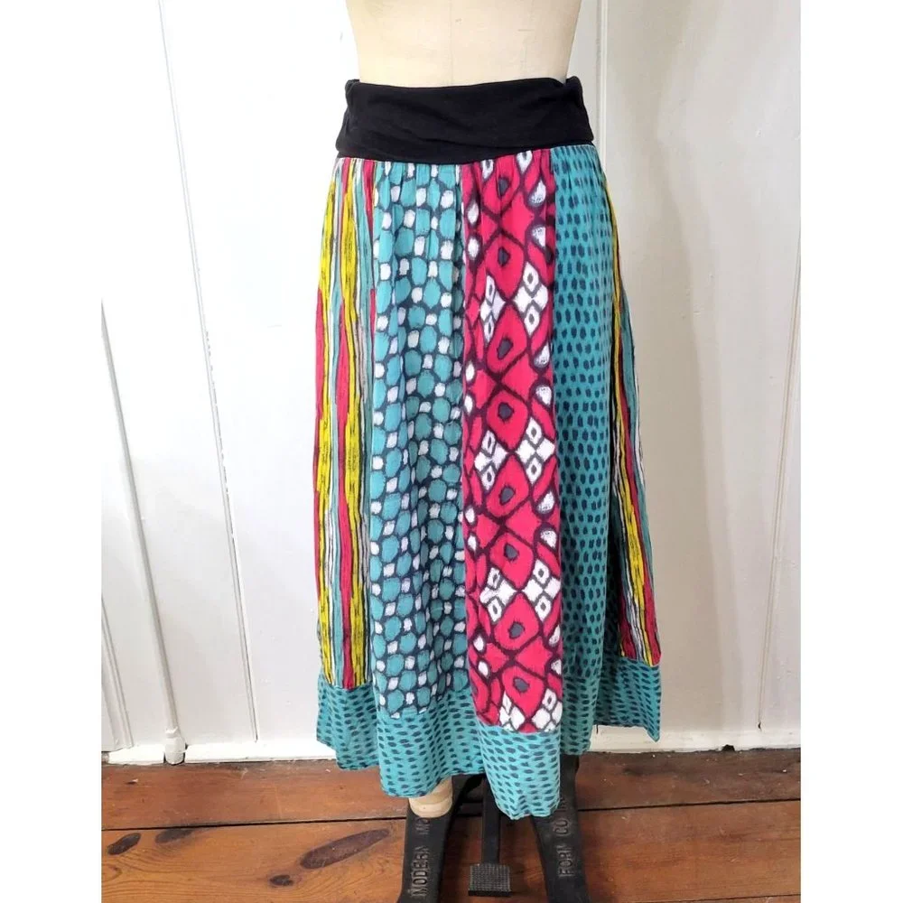 Fire Los Angeles Boho Multicolored Cotton Printed Patchwork Maxi Skirt - Picture 1 of 6